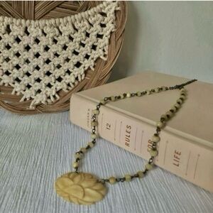 Rose Carved Necklace Vintage Bohemian  “Liza” Brown Tan Stone Beaded Boho Chic